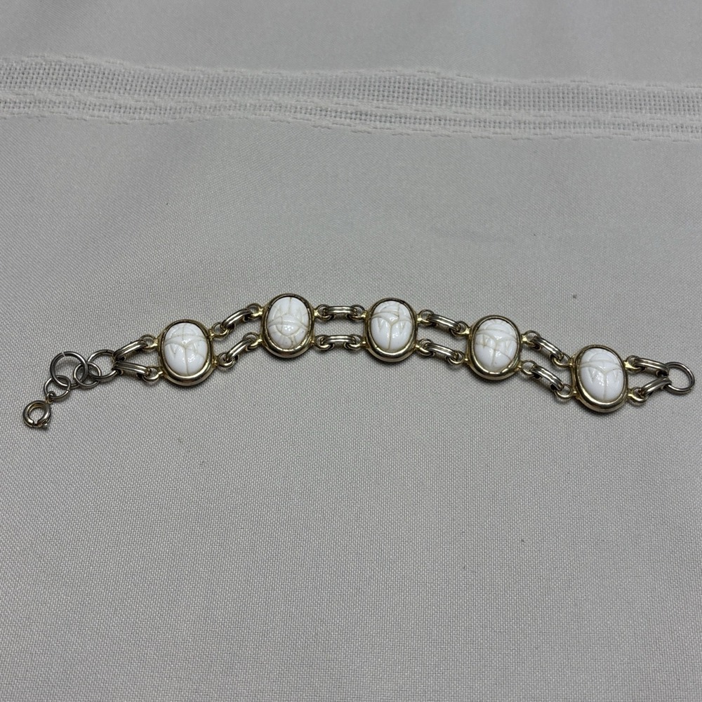 vintage white scarab bracelet 7 x 3/4 spring ring  Egyptian bug
